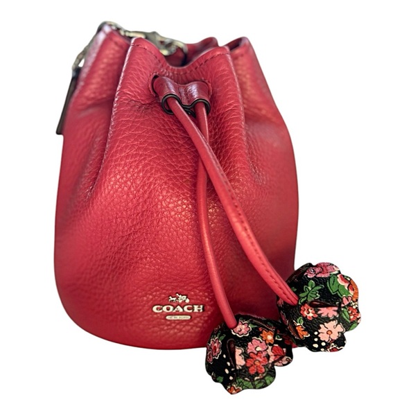 COACH Mini Pink Drawstring Pebbled Leather Petal Floral Bucket Wristlet - Picture 9 of 15